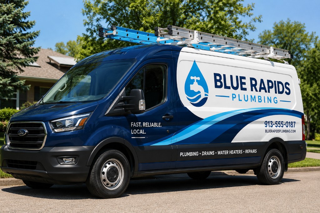 Blue Rapids Plumbing branded service van with ladders on the roof, parked in a residential neighborhood.